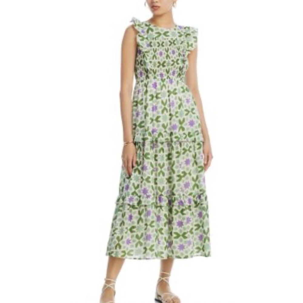 banjanan Iris Smocked Tiered Midi Dress Green Geometric Star Pattern XS Cotton